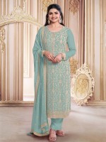 Light Aqua Faux Georgette Designer Salwar Kameez